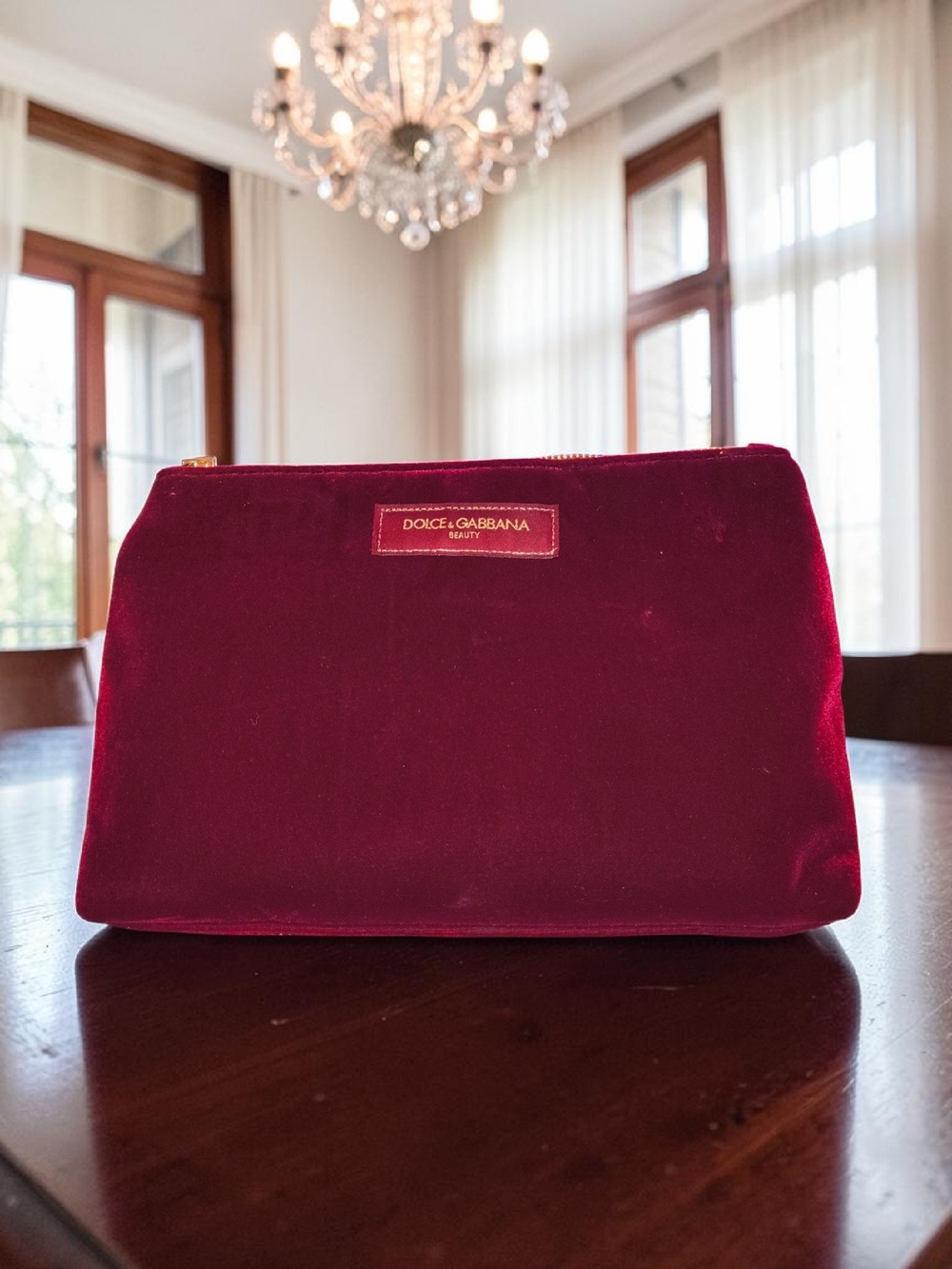 Dolce & Gabbana Beauty Burgundy Velvet Cosmetic Bag Makeup Pouch Luxe